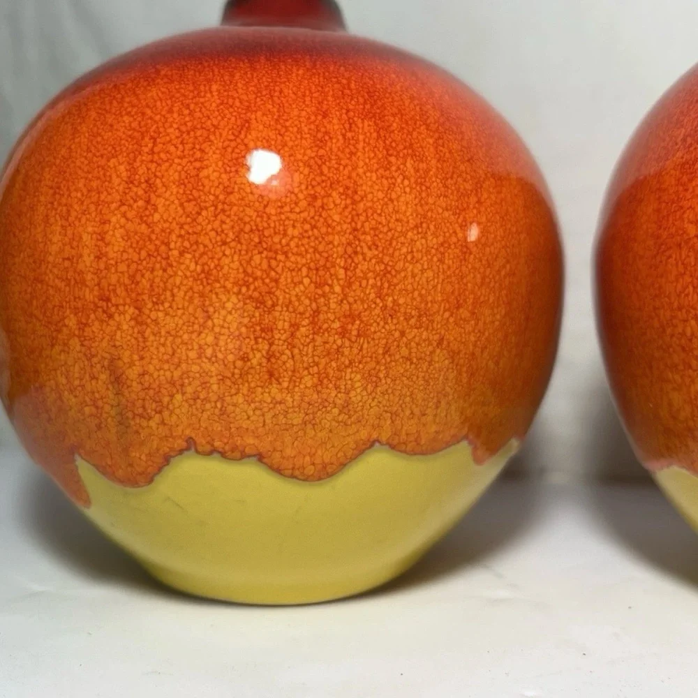 2 Drip Glaze Red Orange Yellow Bud Vase Roy Crate & Barrel Art Pottery 5” Pair